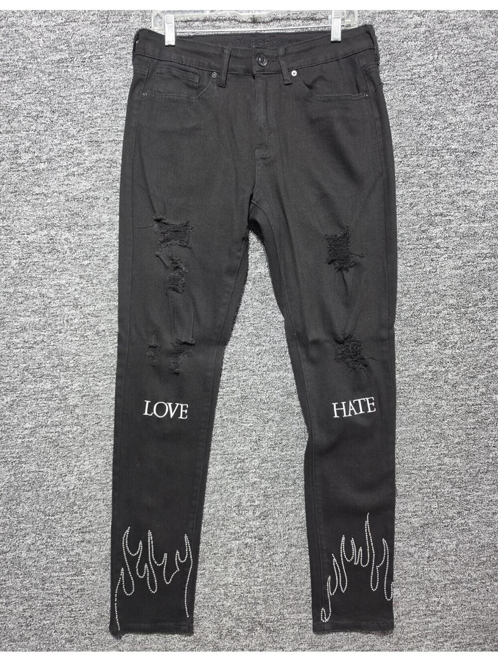 rue21 Supremium Flex Skinny Fit Black Dark Wash Denim Jeans Distressed Logo